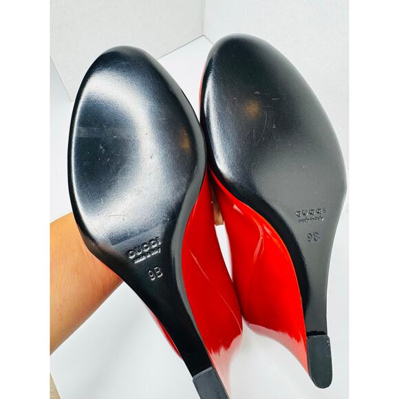 Gucci Red Patent Leather Peep Toe Wedge Sandals heels Size 9B Made in Italy - Picture 5 of 9